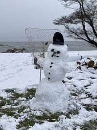 Frozen lake on field against sky during winter