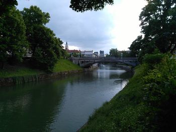 Bridge over river by buildings against sky