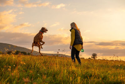 Mature woman playing fetch with her beautiful hungarian vizsla. dog playing with ball background. 