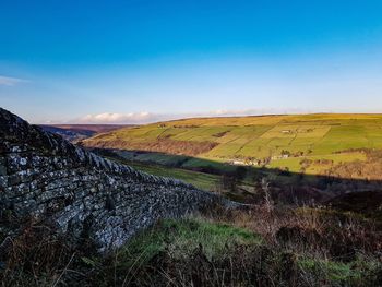 Scenic view of landscape against clear blue sky