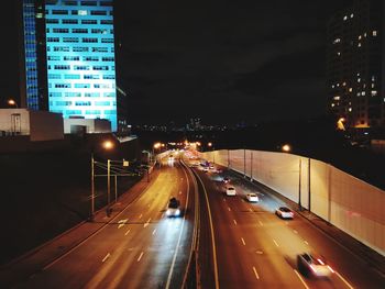 High angle view of traffic on road at night