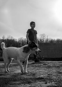 Dog and kid standing on jard against sky