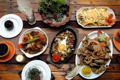 High angle view of meal served on table