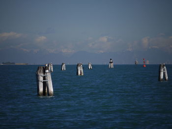 Sailboats in sea against sky