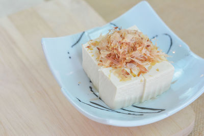 High angle view of dessert in plate on table