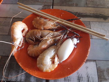 High angle view of seafood in plate on table