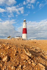 Portland bill lighthouse. dorset coast in isle of portland, uk.  a way mark guiding vessels.