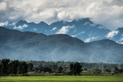 Scenic view of field against cloudy sky