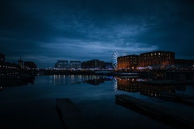 View of city lit up at night