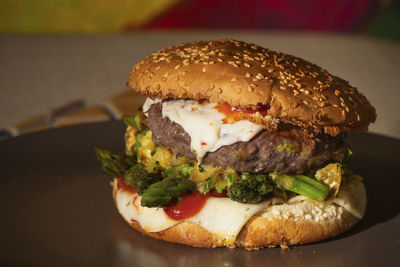 Close-up of burger in plate on table