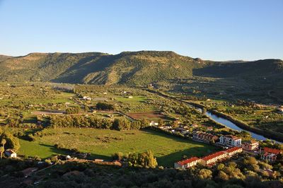 High angle view of townscape against clear sky