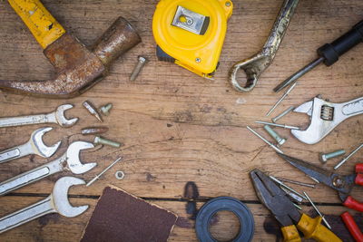 High angle view of tools on table