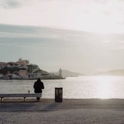Rear view of man sitting by sea against sky