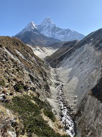 Scenic view of snowcapped mountains against clear sky