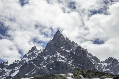 Low angle view of snowcapped mountain against sky