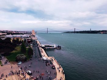 High angle view of suspension bridge over sea