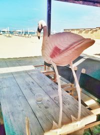 Close-up of bird on chair by sea against sky