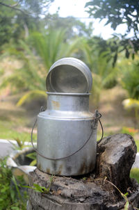 Close-up of alloy container