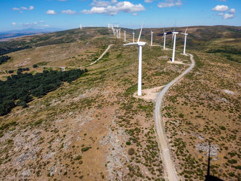 Aerial view of wind turbines for power generation. concept eco clean energy production. renewable