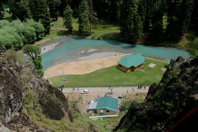 Aerial view of people on road in forest during sunny day