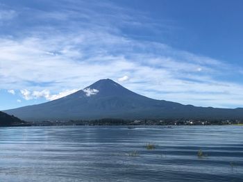 Scenic view of lake by mountains against sky