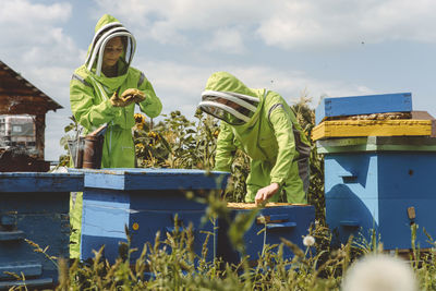 Beekeepers examining beehive standing by wooden boxes on sunny day