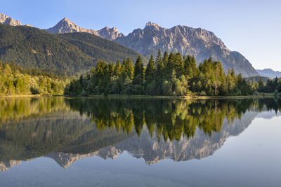 Panoramic landscape at karwendel mountains with reflectuion in river isar
