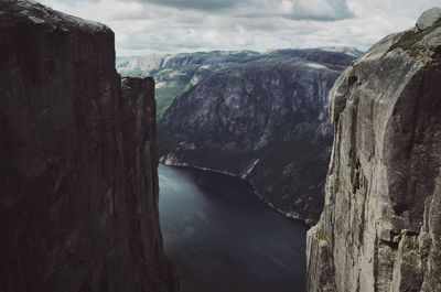 Scenic view of river amidst mountains against sky