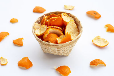 High angle view of fruits in basket on table