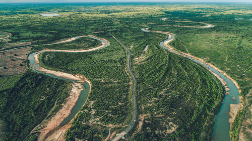 High angle view of road by river