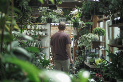 Rear view of man and flowers