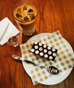 High angle view of dessert served on table