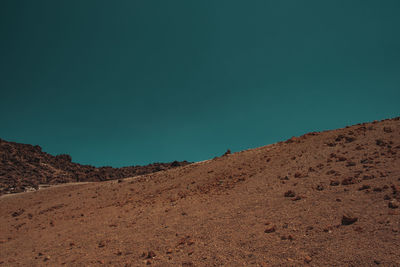 Scenic view of desert against clear blue sky