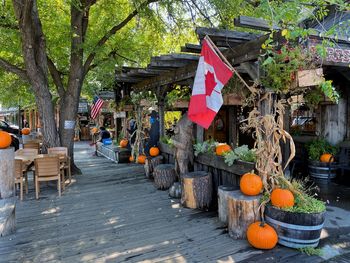 Flags on wooden table by footpath in city