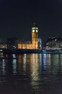 Illuminated buildings in city at night