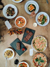 High angle view of food served on table