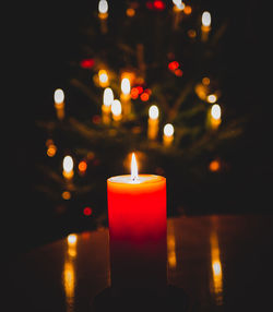 Close-up of illuminated tea light at night