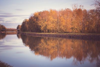 Reflection of trees in lake against sky during autumn