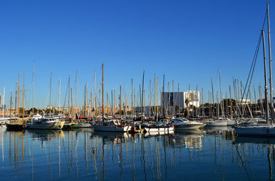 Sailboats moored at harbor against clear blue sky