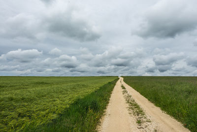 Dirt road on grassy field against cloudy sky