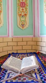 High angle view of multi colored pencils in temple