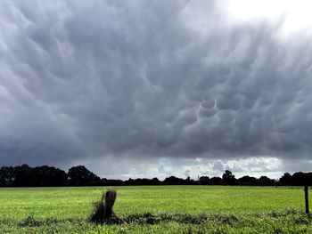 Scenic view of field against cloudy sky