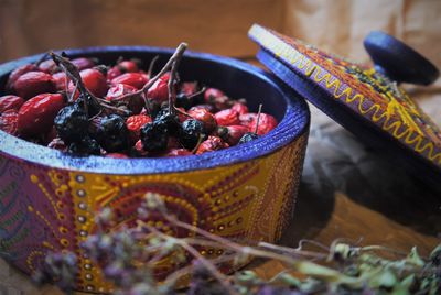 Close-up of berries in container on table