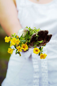 Close-up of hand holding white flowering plant