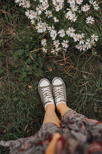 Low section of woman wearing shoes on field