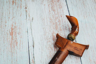 High angle view of old wooden door on table