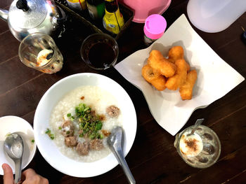 High angle view of food served on table