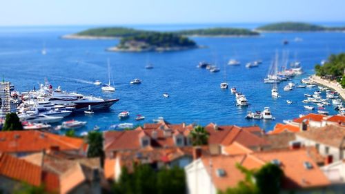 High angle view of sailboats moored in sea