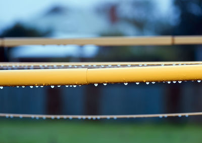 Close-up of water drops on railing