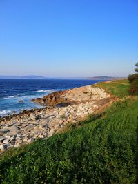 Scenic view of sea against clear blue sky